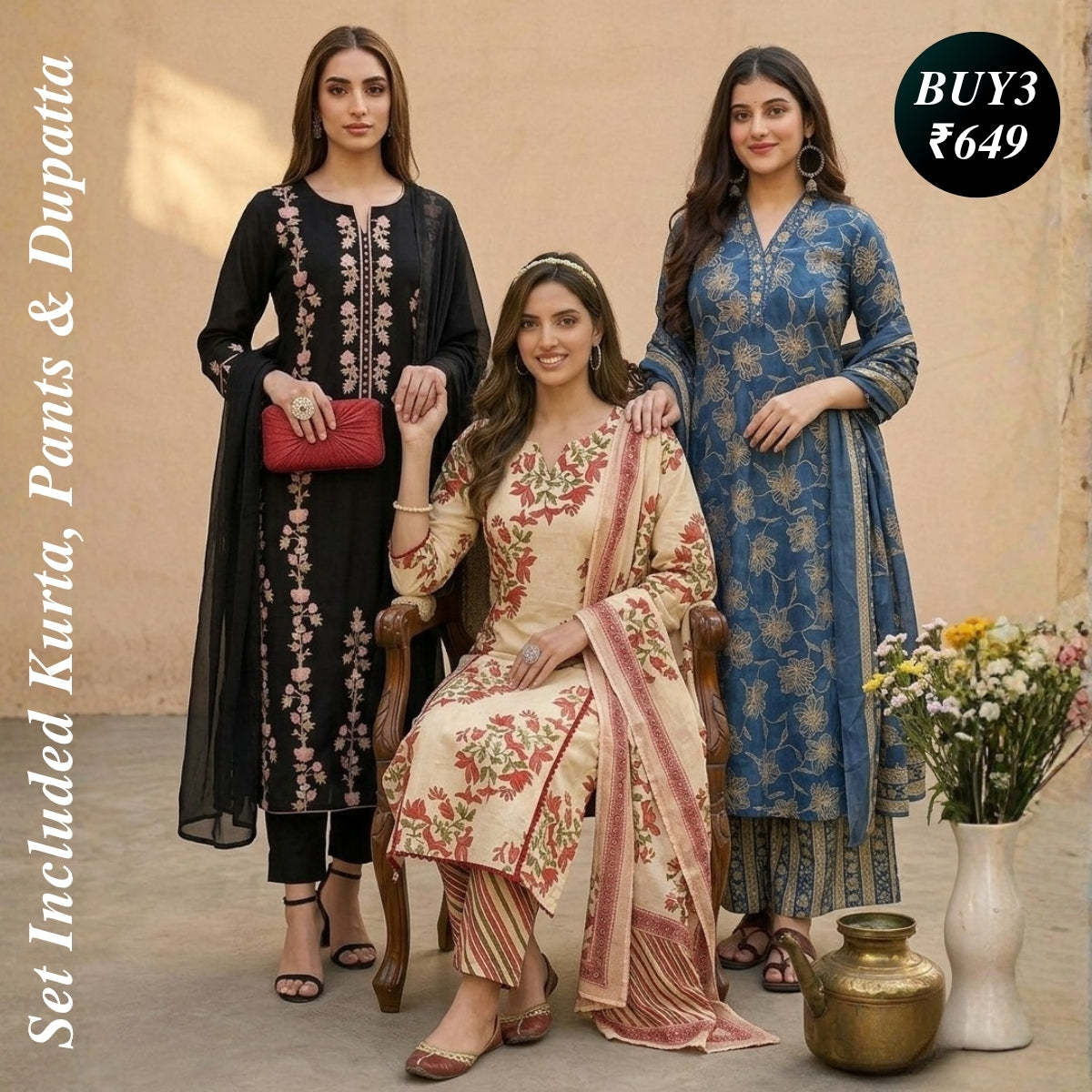 3 Combo Set Kurta, Pants With Dupatta(DMK-9)